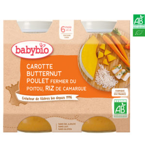Carotte, Butternut, Poulet Fermier du Poitou, Riz de Camargue 2x200g Babybio