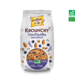 Krounchy Chia Myrtille Avoine sans Gluten 500gr Grillon d’Or Krounchy Chia Myrtille Avoine sans Gluten 500gr Grillon d'Or